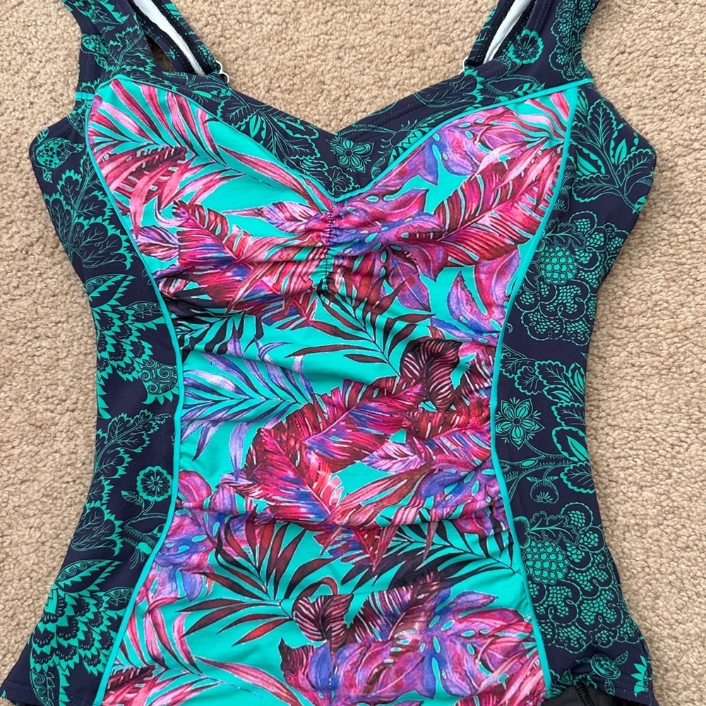 Sundance Tropical Floral Print Kailani Teal Ruched One Piece Swimsuit Size Small - Picture 3 of 11